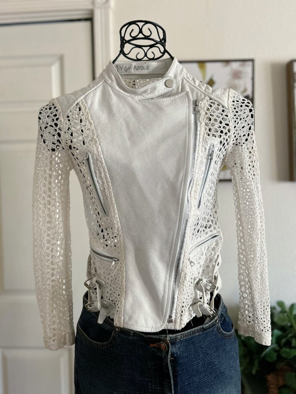 Yigal Azrouel White Perforated Lace-Up Leather Moto Jacket